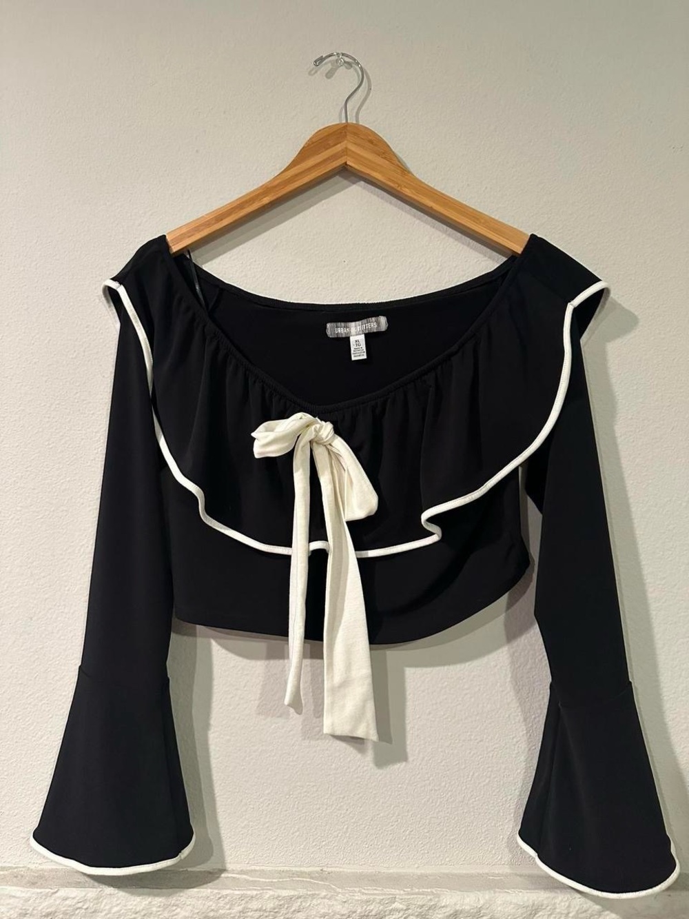 Urban Outfitters Black Off-Shoulder Ruffle Crop Top with Cream Tie